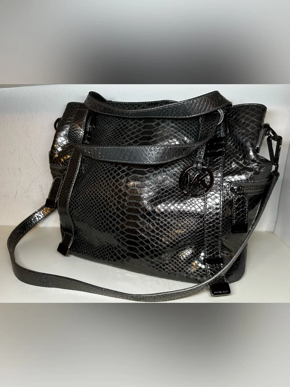 Michael Kors Glossy Black Snake-Embossed Shoulder Bag